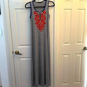 Women’s THML Maxi Dress Small, Black & White Striped, Orange Floral Embroidery